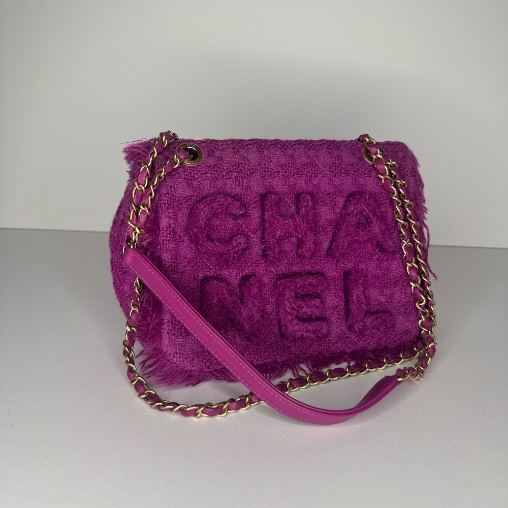 Chanel Giant Logo Purple Wool Tweed Chain Bag